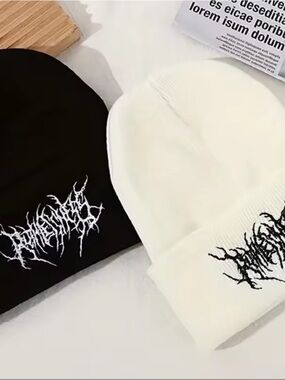 Black and White Beanie Duo with Script Embroidery